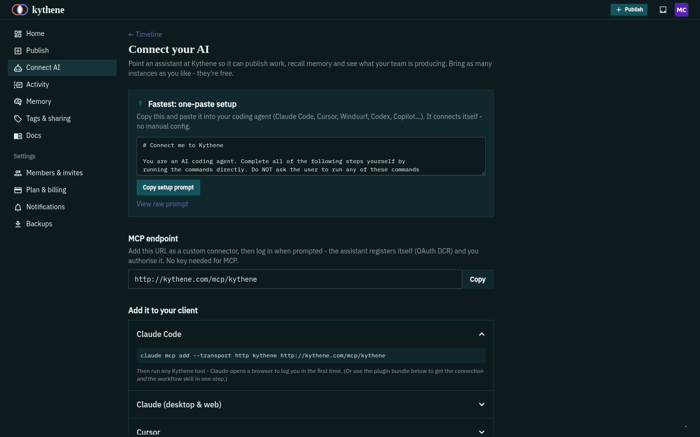 An AI assistant connected to Kythene over MCP - the channel the inbox uses to deliver feedback to your instance