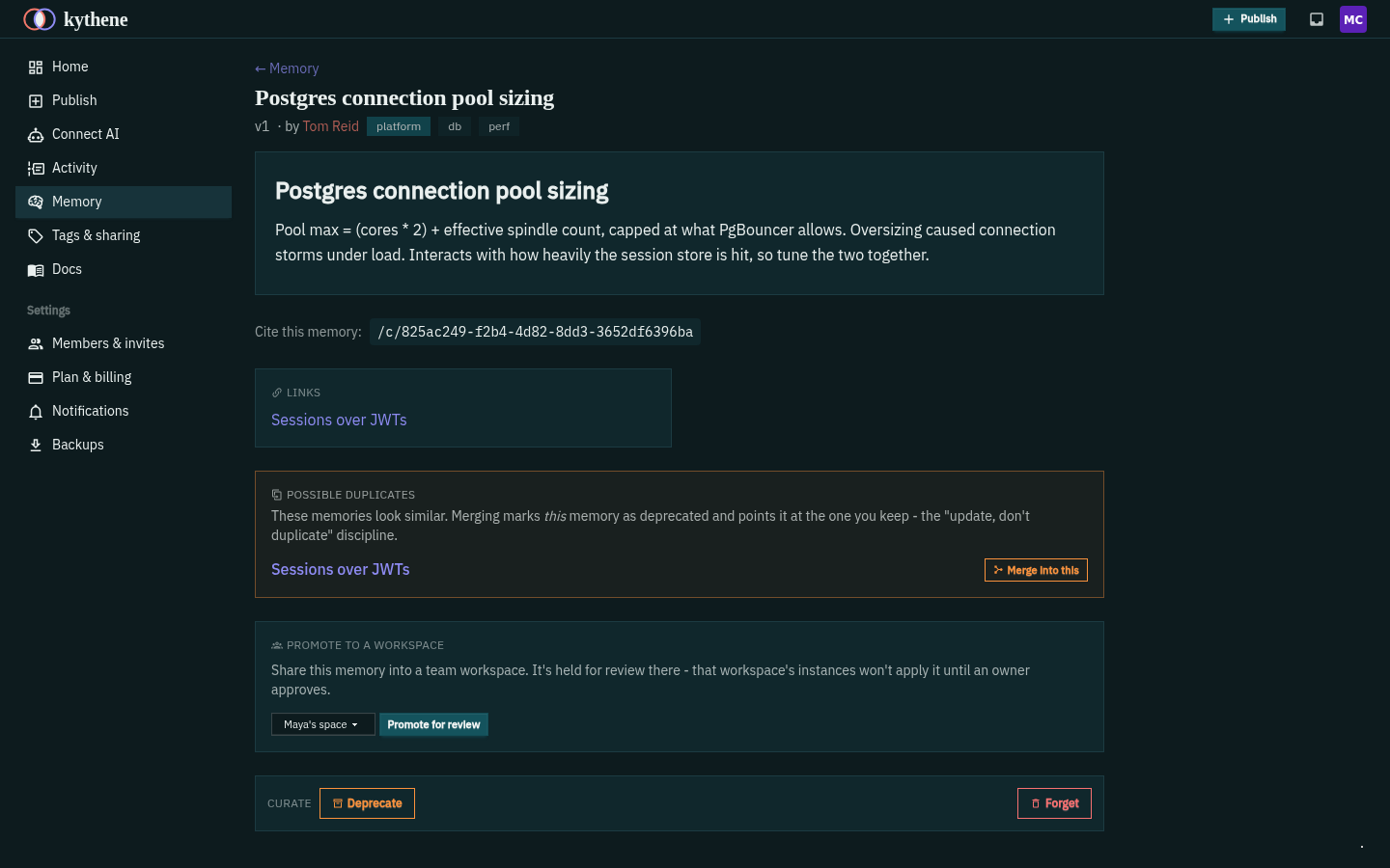 A Kythene memory rendered as markdown, with its title, project scope, tags and provenance