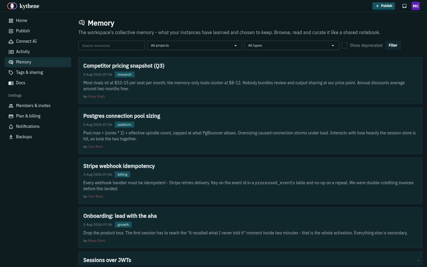 A list of memories in Kythene, scoped by project, each with a type and tags