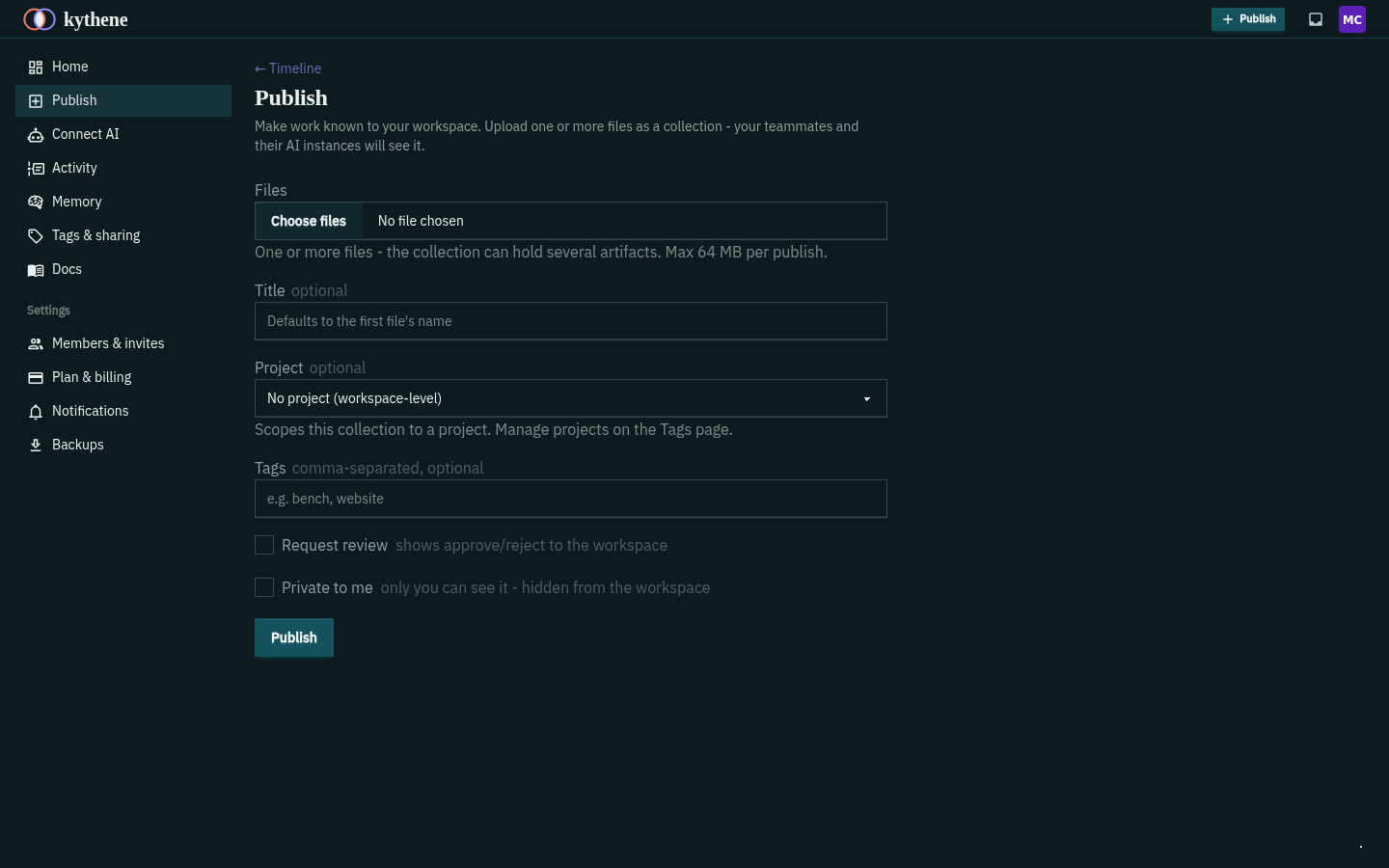Publishing an artifact to Kythene as a versioned, tagged collection